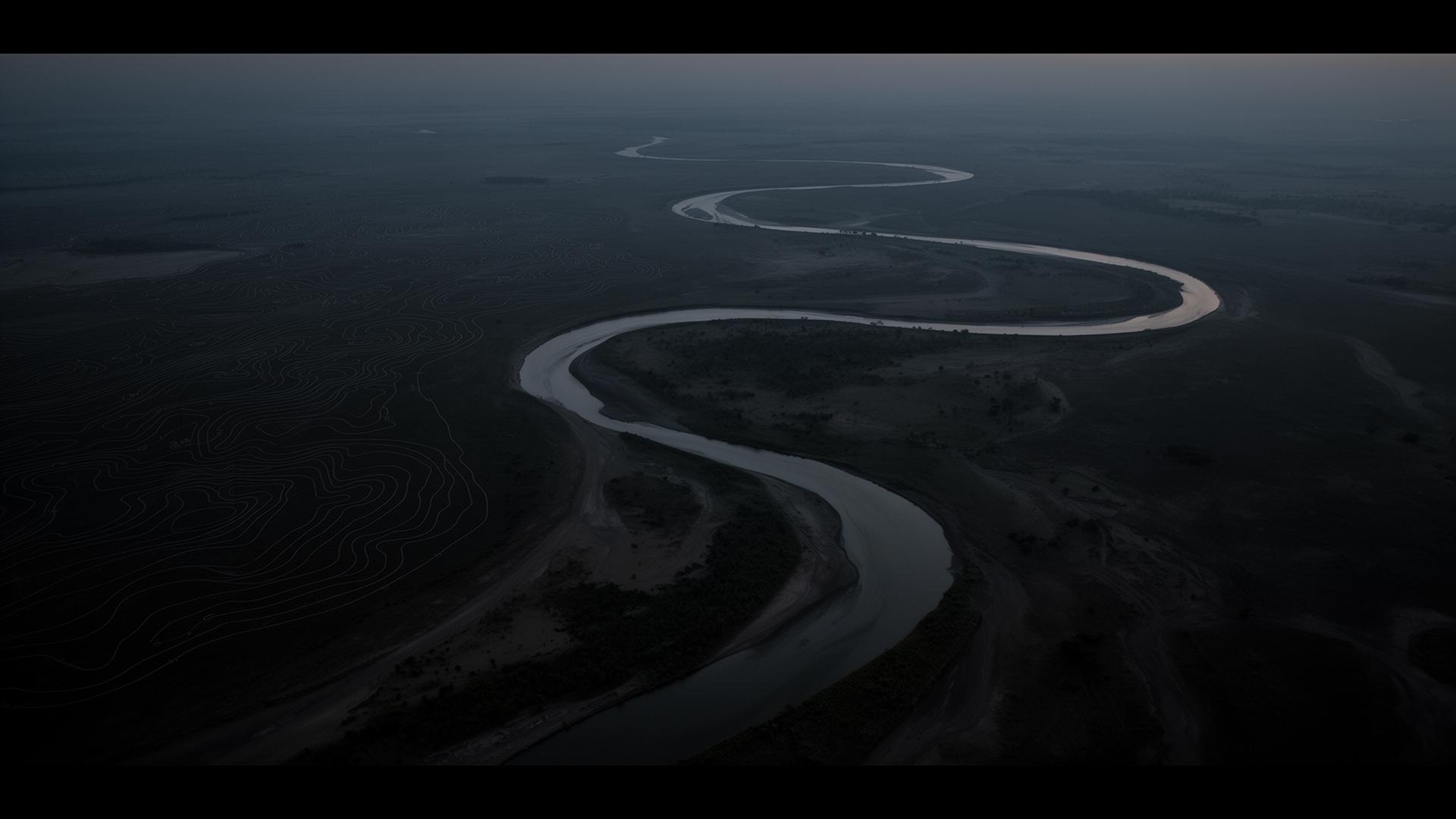 Aerial satellite view of a river delta